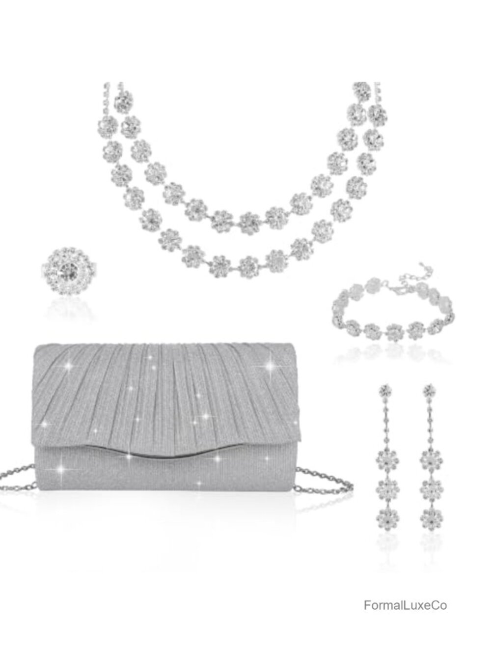 Evening Clutch Purse with Rhinestone Jewelry Set, Prom Gift